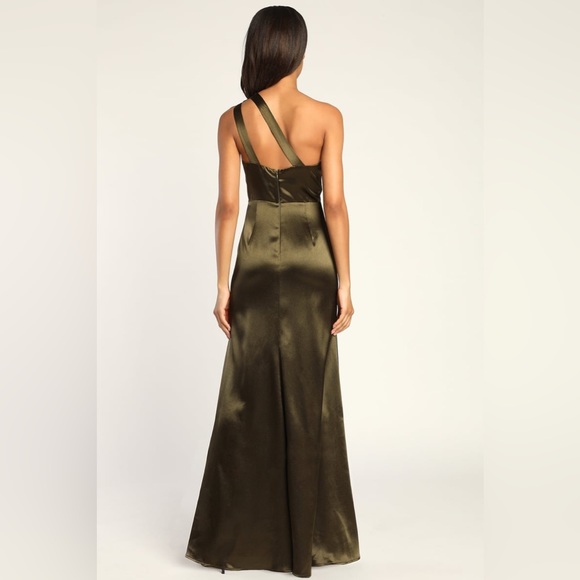 Lulus On the Guest List Olive Green Satin One-Shoulder Maxi Dress - Picture 4 of 14